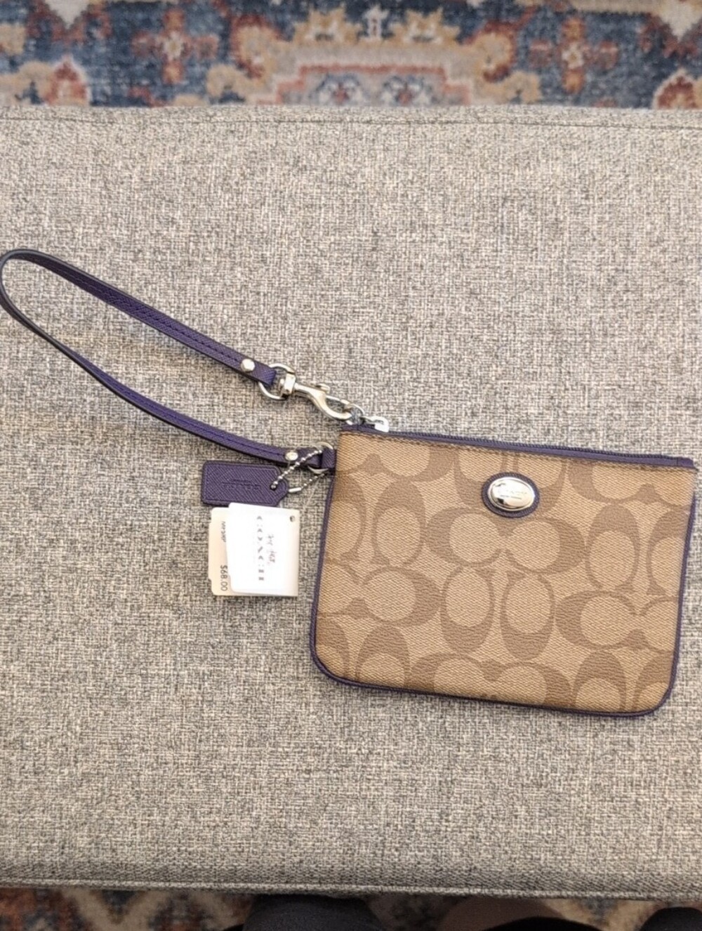 Coach Khaki Signature Canvas Wristlet with Purple Trim